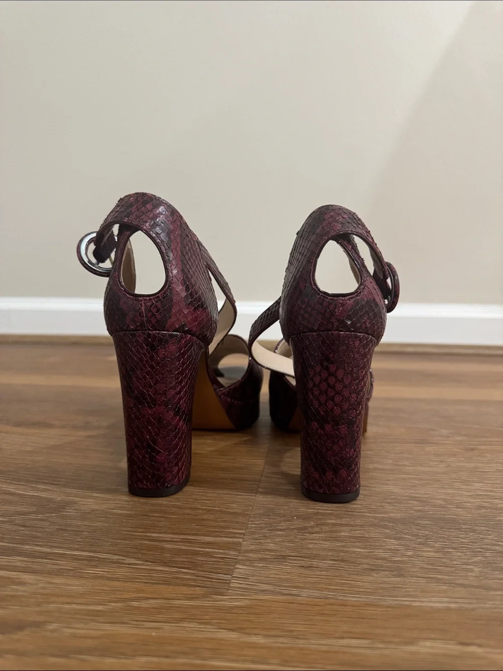 kate spade Burgundy Snake-Print Block Heel Sandals